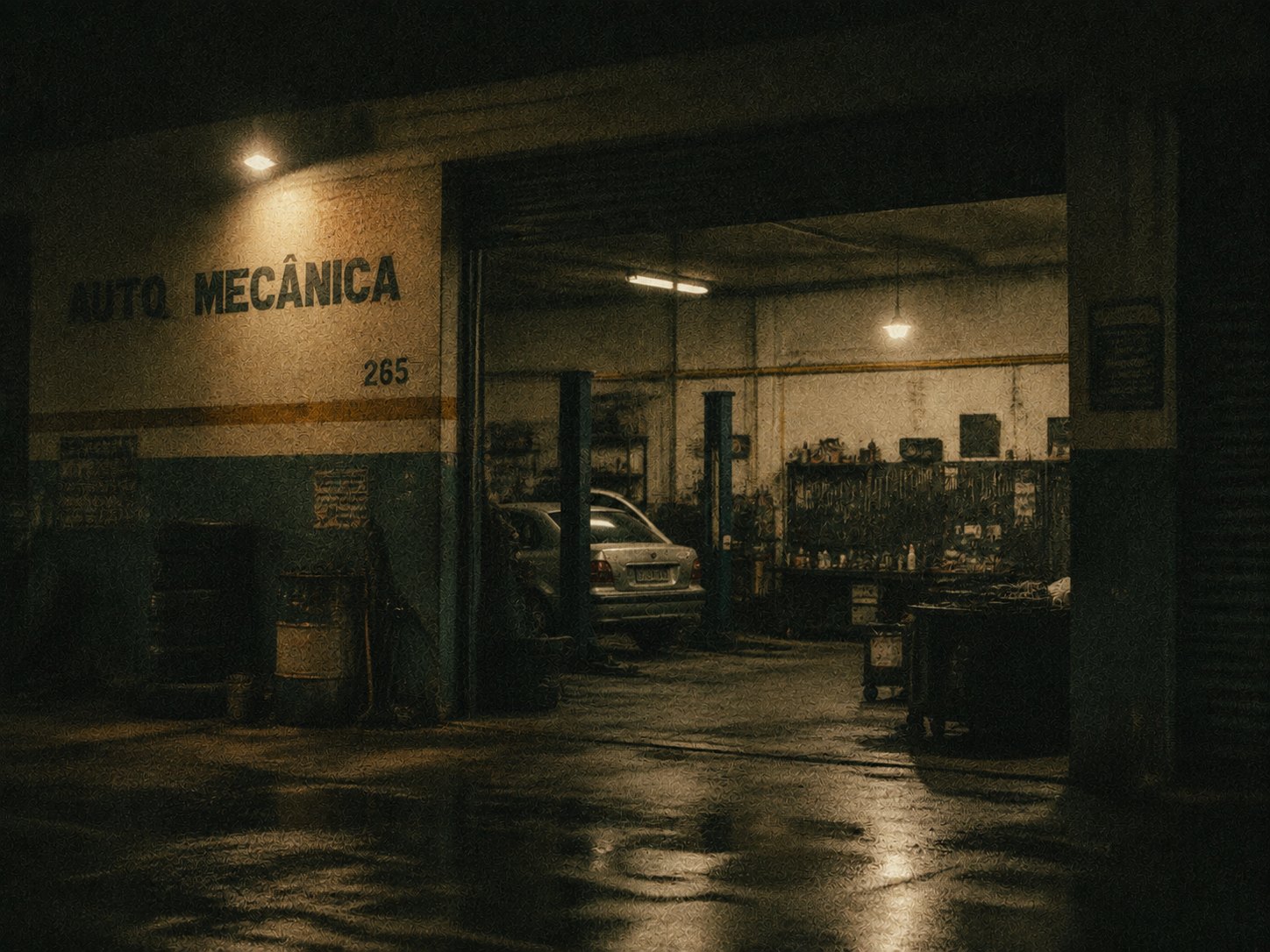 Interior de uma auto mecânica à noite